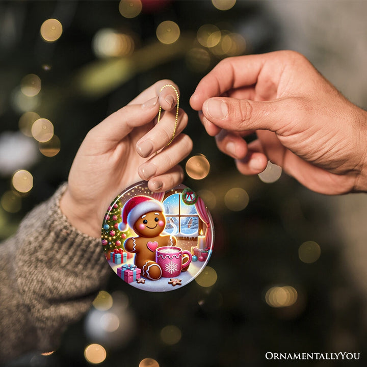 Cozy Gingerbread Man Pink Themed Ornament, Delightful Christmas Gift and Decor Ceramic Ornament OrnamentallyYou 