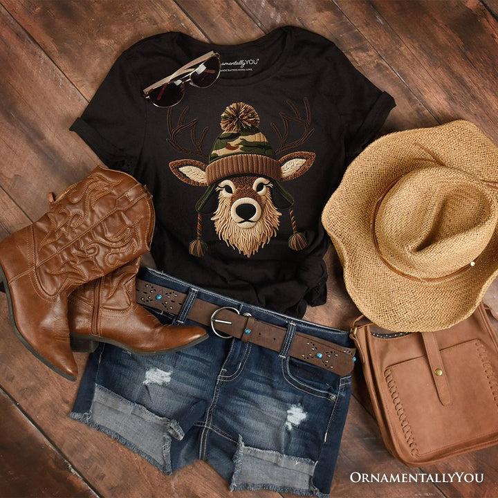 Deer Head Camo Hat Christmas T-Shirt, Imitation Latch Hook Yarn Cozy Hunting Season Tee T-Shirts OrnamentallyYou Black XS 