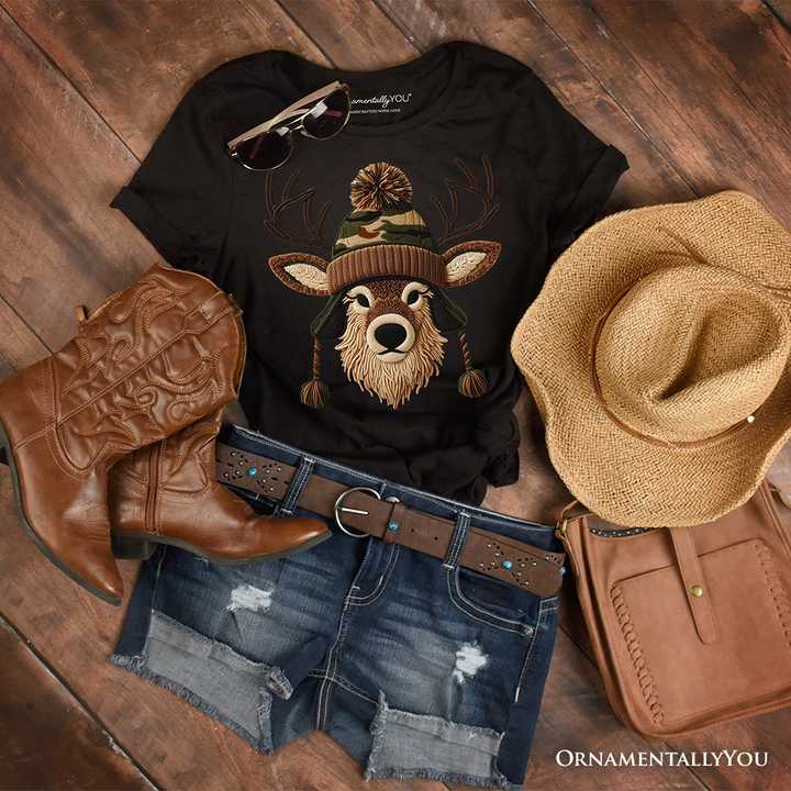 Deer Head Camo Hat Christmas T-Shirt, Imitation Latch Hook Yarn Cozy Hunting Season Tee