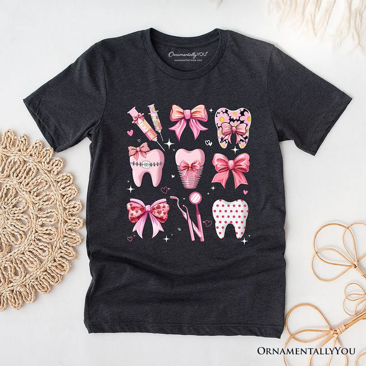 Dental Squad Coquette T-Shirt, Pink Teeth Dentist Life Bow Tee T-Shirts OrnamentallyYou Dark Gray XS 