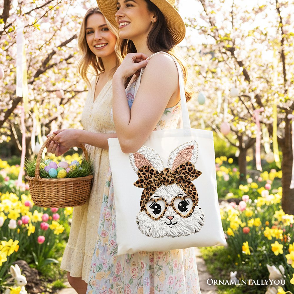 Easter Bunny Leopard Bow Tote Bag, Coquette Printed Faux Embroidery Girly Spring Gift Shopper Tote Bag OrnamentallyYou 