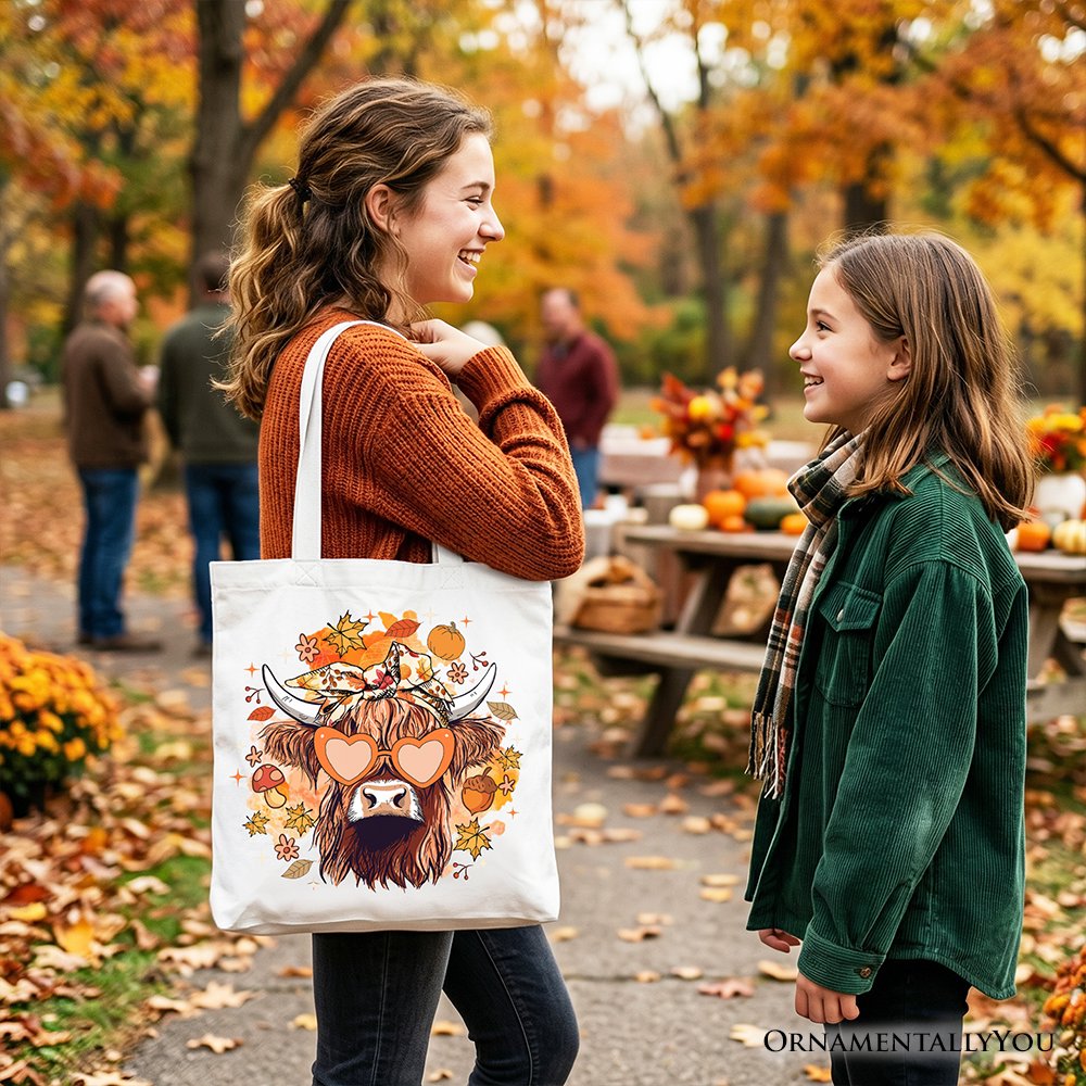 Fall Highland Cow Tote Bag, Messy Bun Howdy Gift Shopper with Autumn Vibes Tote Bag OrnamentallyYou 
