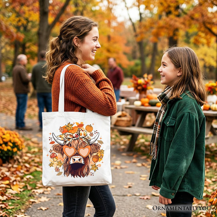 Fall Highland Cow Tote Bag, Messy Bun Howdy Gift Shopper with Autumn Vibes Tote Bag OrnamentallyYou 