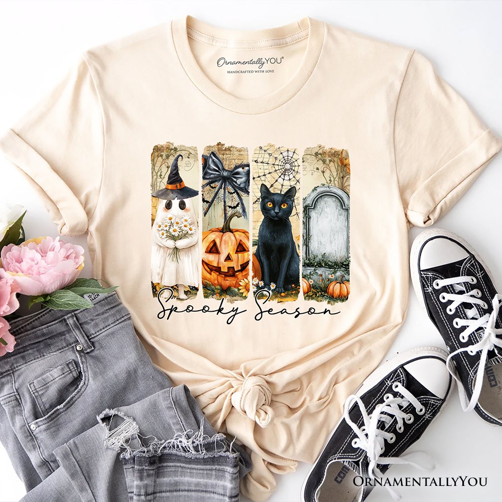 Fall Spooky Season Brushstroke T-Shirt, Coquette Vintage Ghost, Cat and Pumpkin Tee T-Shirts OrnamentallyYou Natural XS 