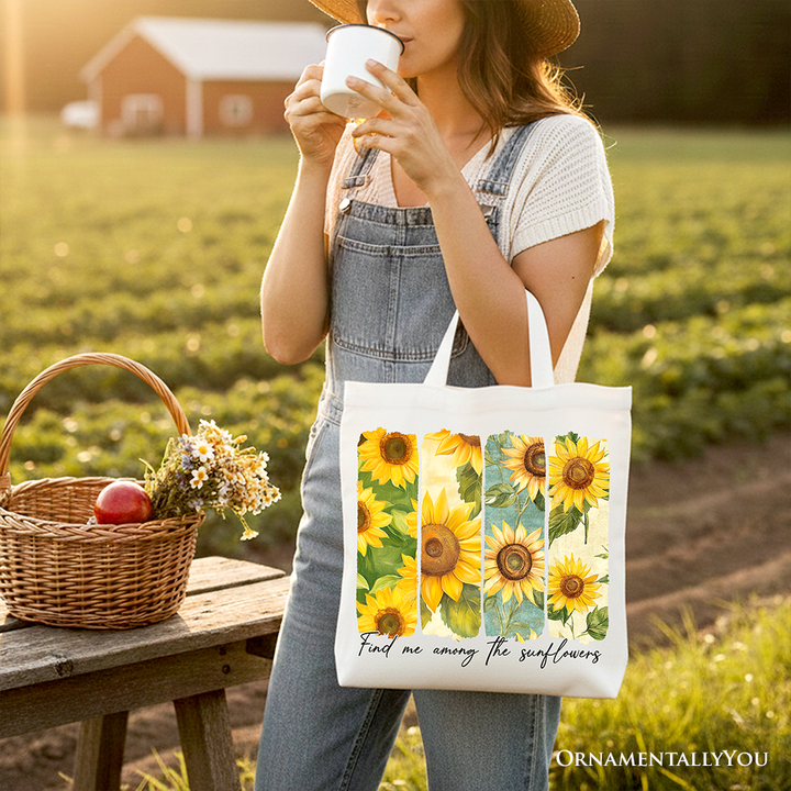 Find Me Among the Sunflowers Floral Canvas Tote Bag, Trendy Women Gift