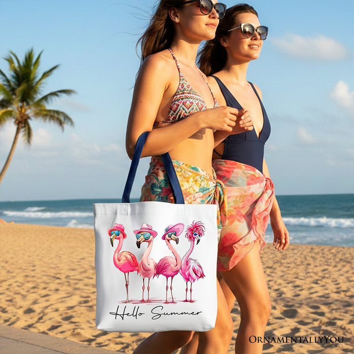 Flamingo Hello Summer Canvas Tote Bag, Retro Gift Shopper with Tropical Birds Tote Bag OrnamentallyYou 