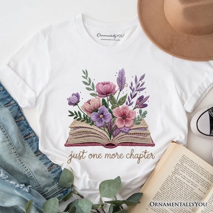 Floral Book Printed Faux Yarn Crochet T-Shirt, Just One More Chapter Bookworm Tee T-Shirts OrnamentallyYou White XS 