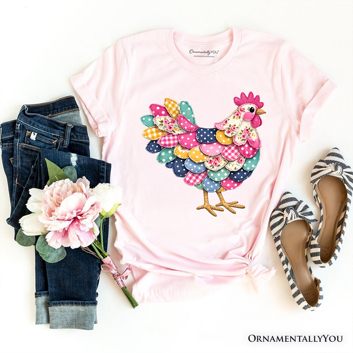 Floral Chicken Printed Faux Patchwork T-Shirt, Coquette Hen Farmhouse Tee