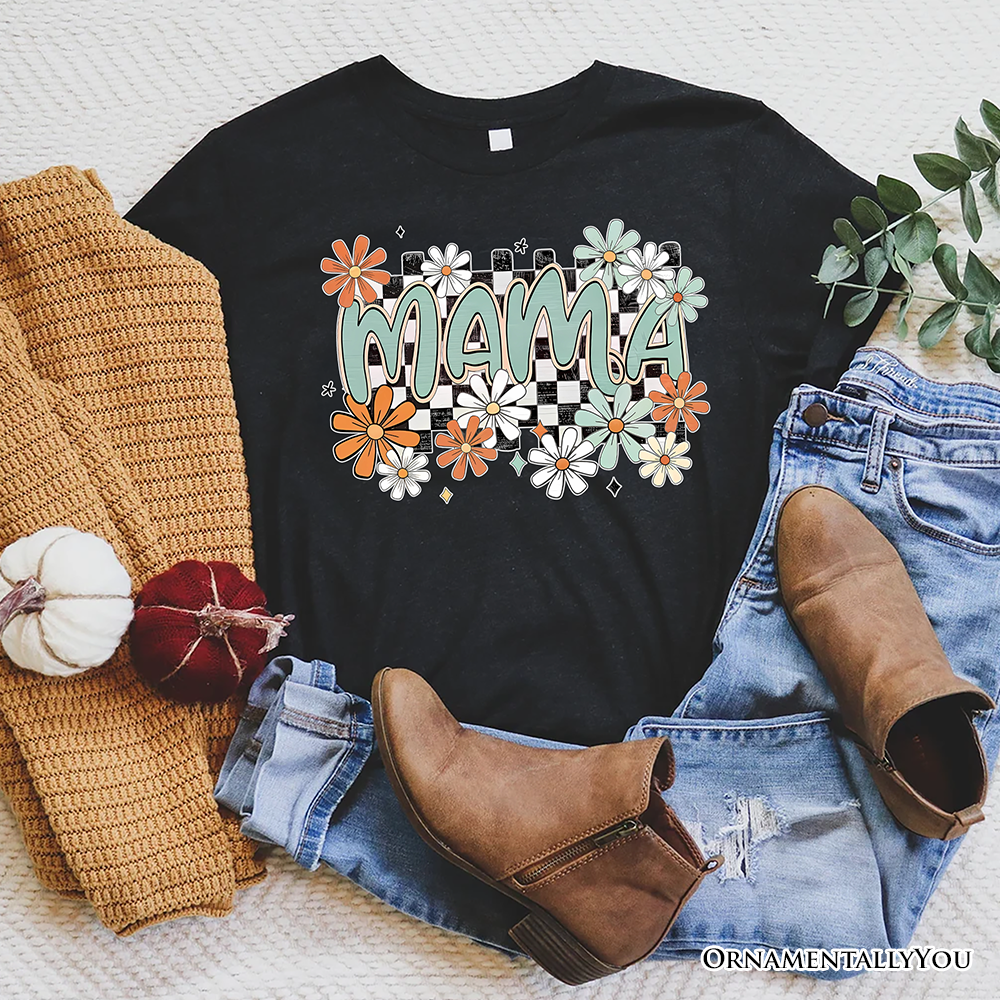 Floral Mama Checkered T-Shirt, White, Natural and Black Retro Tee for Stylish Mothers