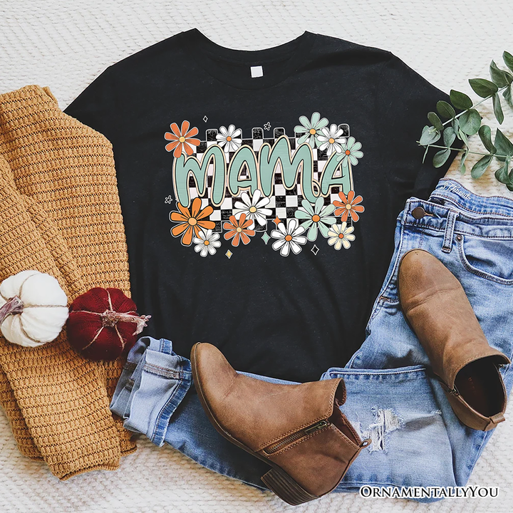 Floral Mama Checkered T-Shirt, White, Natural and Black Retro Tee for Stylish Mothers