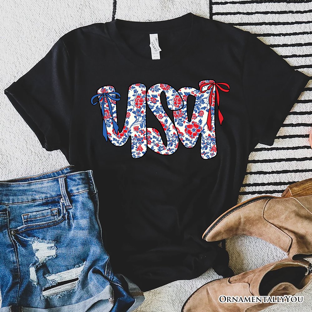 Floral USA Patriotic T-Shirt, 4th of July White, Natural and Black Tee for Stylish Women T-Shirts OrnamentallyYou Black XS 