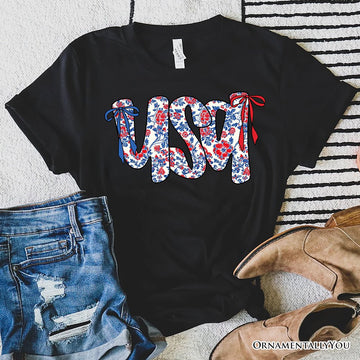 Floral USA Patriotic T-Shirt, 4th of July White, Natural and Black Tee for Stylish Women T-Shirts OrnamentallyYou Black XS 