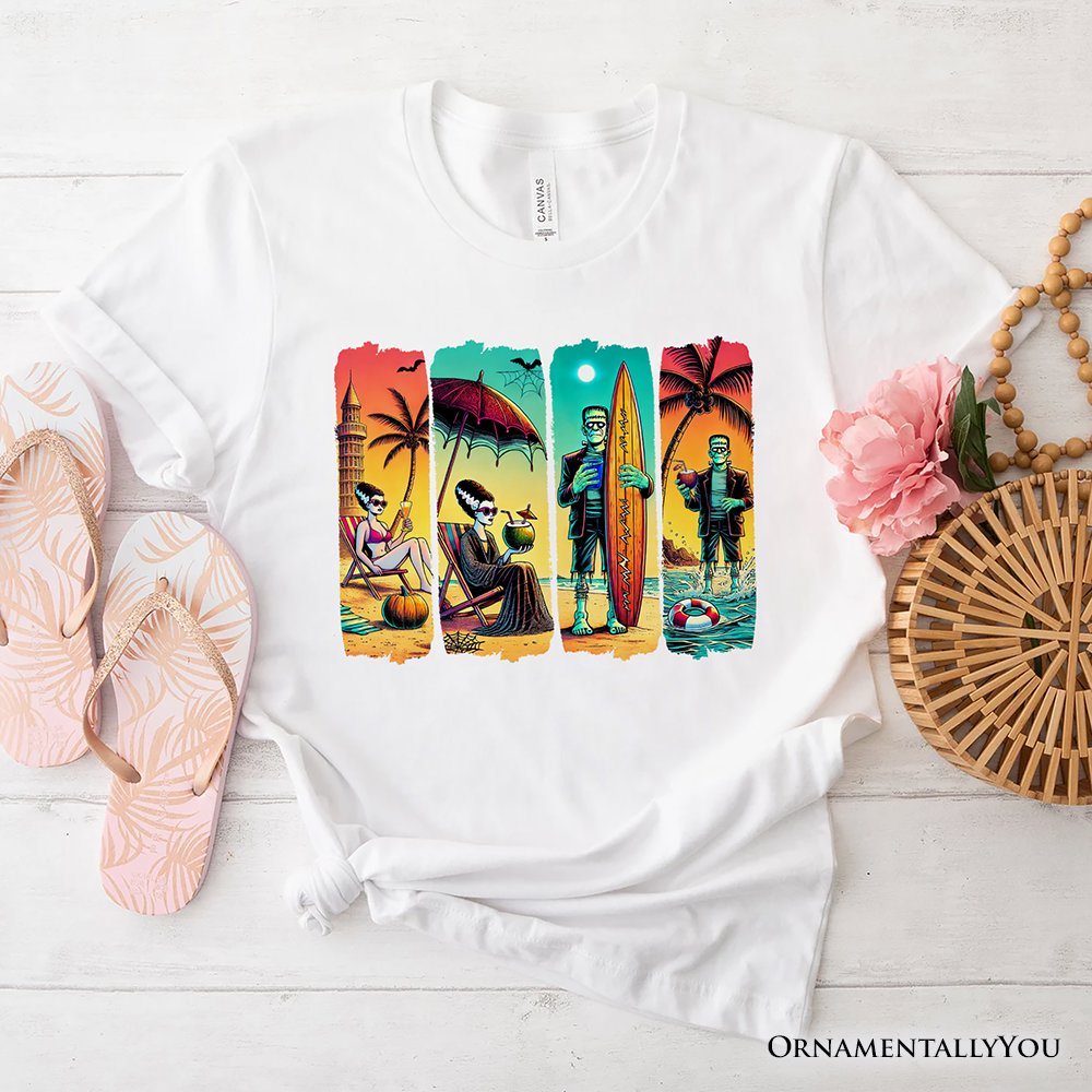 Frankenstein's Beach Vacation T-Shirt, Retro Neon Surf Style Tee for Horror Fans with Summer Vibes T-Shirts OrnamentallyYou White XS 