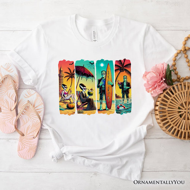 Frankenstein's Beach Vacation T-Shirt, Retro Neon Surf Style Tee for Horror Fans with Summer Vibes T-Shirts OrnamentallyYou White XS 