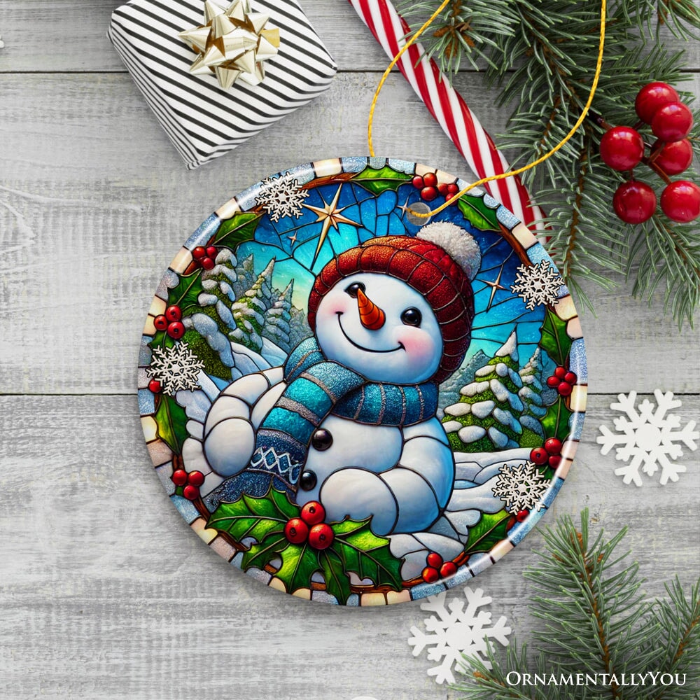 Frosty and Holly Snowman Ornament, Gift and Decor for Cheerful Winter Christmas Tree Ceramic Ornament OrnamentallyYou 