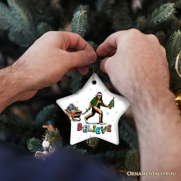 Funny Big Foot Believe Christmas Ornament, Sasquatch Humor Holiday Decor Ceramic Ornament OrnamentallyYou 