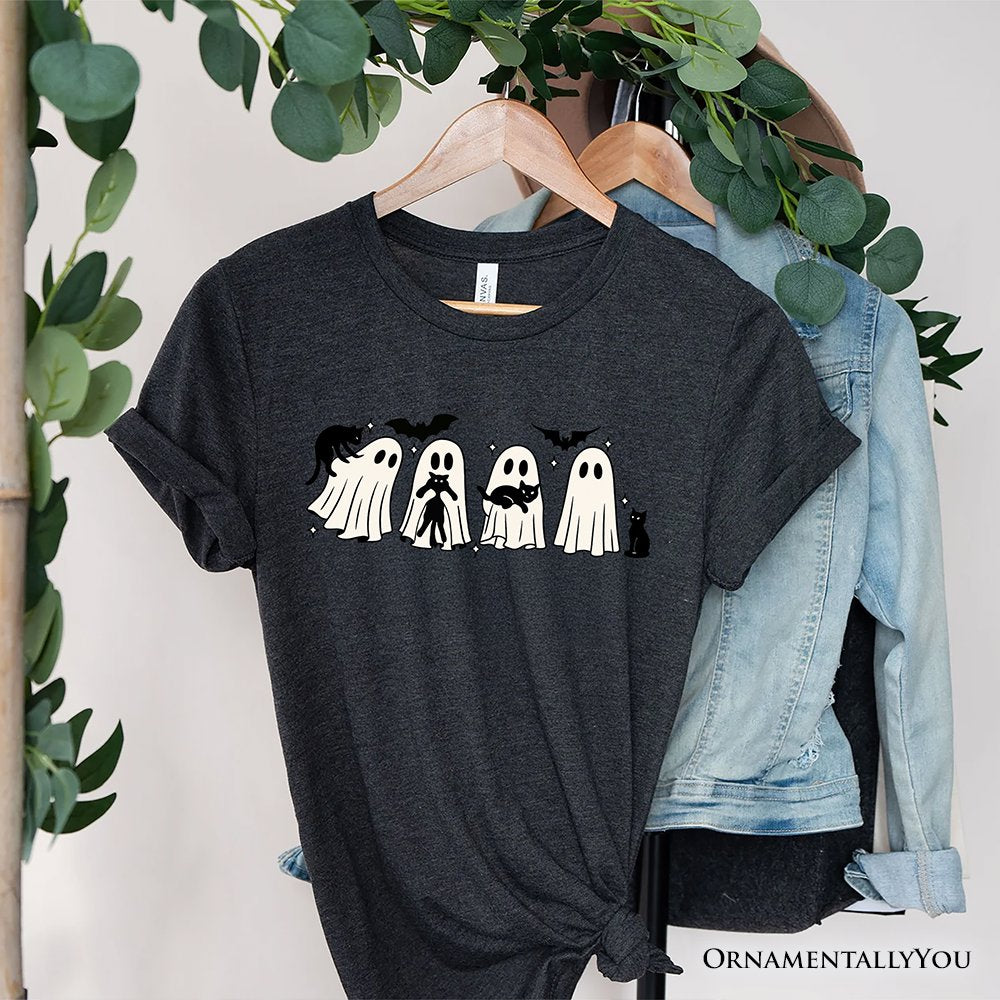 Ghosts and Cats Spooky T-Shirt, Whimsical Halloween Tee for Cozy Autumn Season T-Shirts OrnamentallyYou Gray XS 