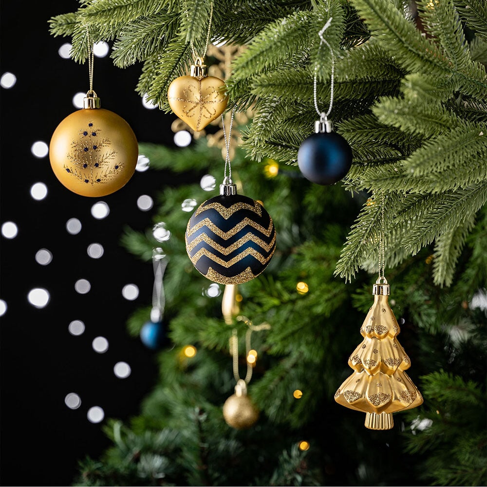 Glam and Glittered Gold and Blue Elegant Christmas Ornament Set, 70 Assorted Balls, Trees, Snowflakes, and Royal Heart Pendants Ornament Bundle OrnamentallyYou 