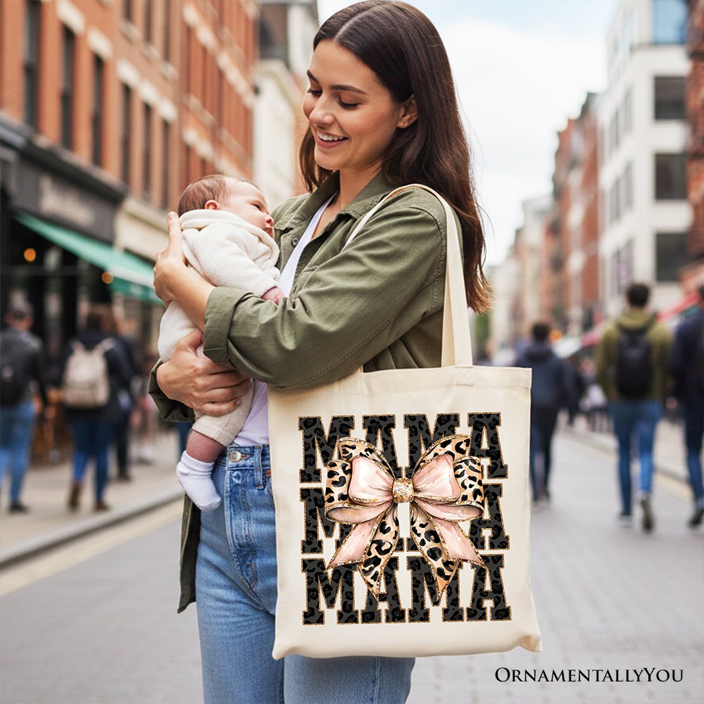Glitter Leopard Mama Tote Bag, Coquette Bow Gift Shopper for Glam and Trendy Mothers Tote Bag OrnamentallyYou 