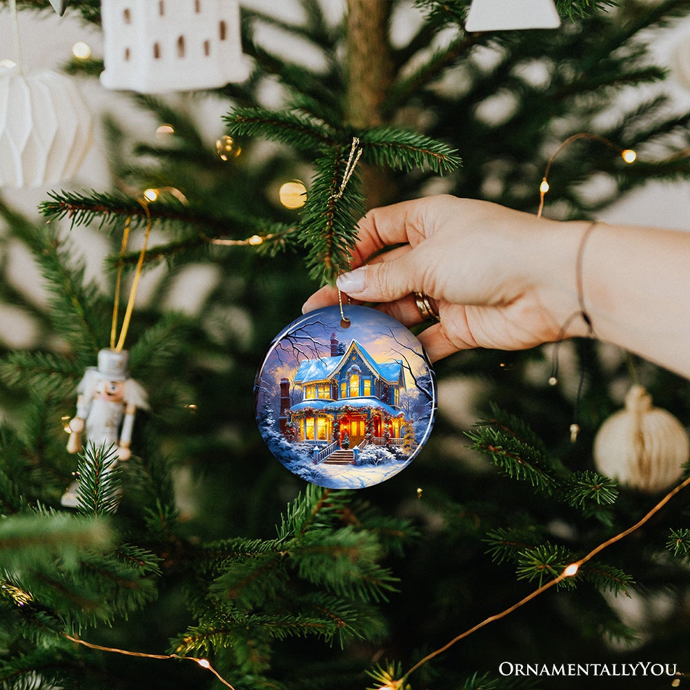 Glowing Winter Night Painting Ceramic Ornament, Warm and Inviting Christmas Tree Decor Ceramic Ornament OrnamentallyYou 