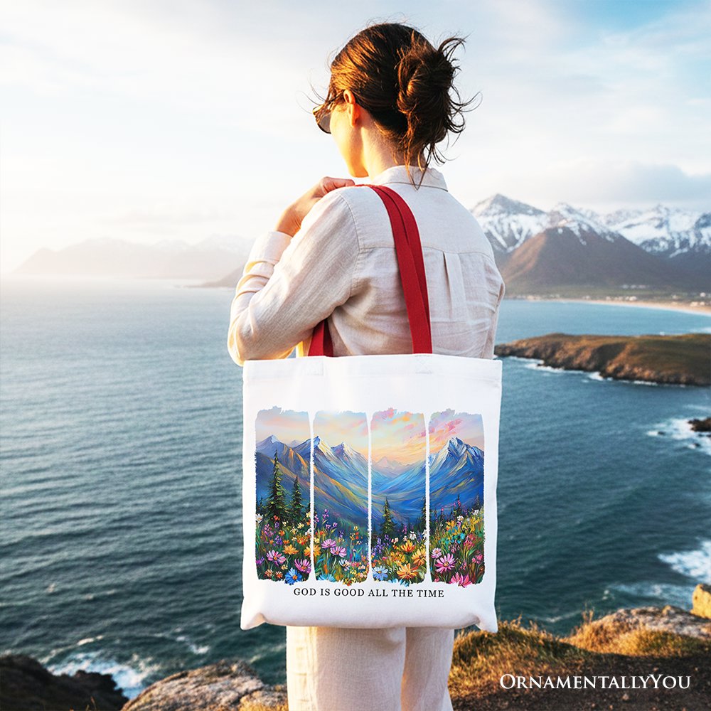 God Is Good All the Time Mountain Christian Canvas Tote Bag, Wildflower Brushstroke Bible Verse Faith Gift Shopper Tote Bag OrnamentallyYou 