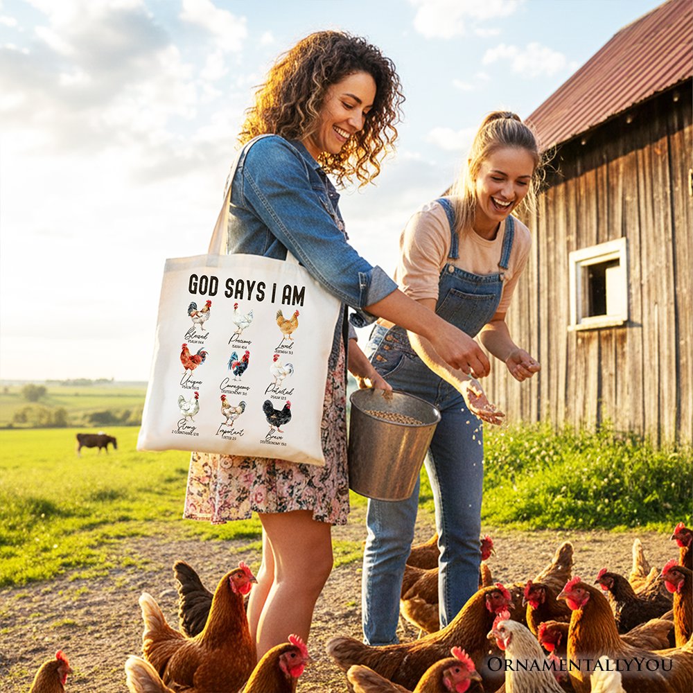 God Says I Am Christian Tote Bag, Rooster and Chicken Gift Shopper for Farm Style Lovers Tote Bag OrnamentallyYou 
