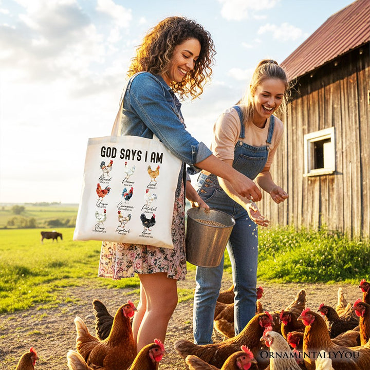 God Says I Am Christian Tote Bag, Rooster and Chicken Gift Shopper for Farm Style Lovers Tote Bag OrnamentallyYou 