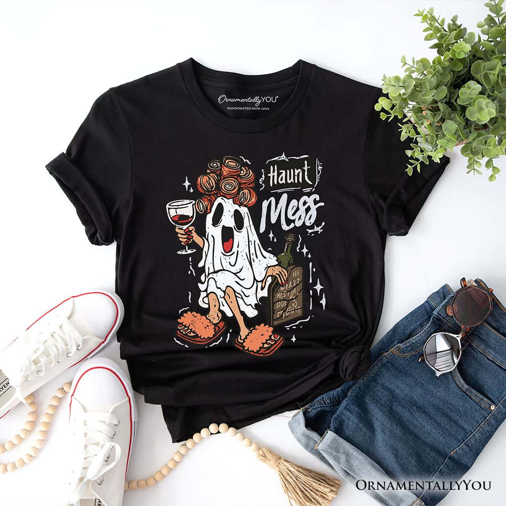 Haunt Mess Wine-Loving Ghost T-Shirt, Funny Halloween Tee with Spooky Ghost