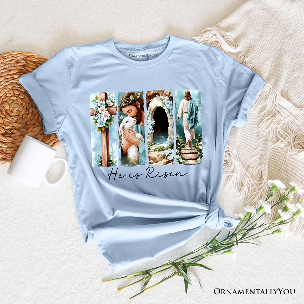 He Is Risen Christian Brushstroke T-Shirt, Festive Easter Tee T-Shirts OrnamentallyYou Light Blue XS 