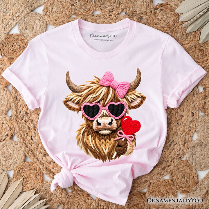 Highland Cow Faux-Yarn Valentine T-Shirt, Cute Knit Coquette Tee T-Shirts OrnamentallyYou Soft Pink XS 