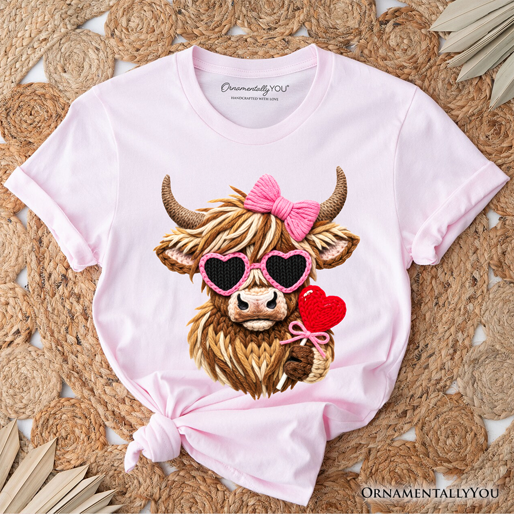 Highland Cow Faux-Yarn Valentine T-Shirt, Cute Knit Coquette Tee