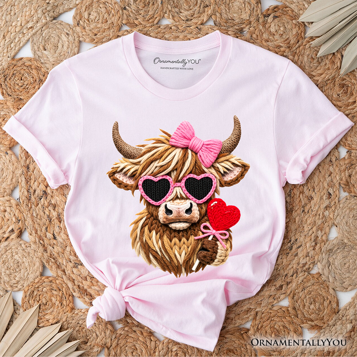 Highland Cow Faux-Yarn Valentine T-Shirt, Cute Knit Coquette Tee
