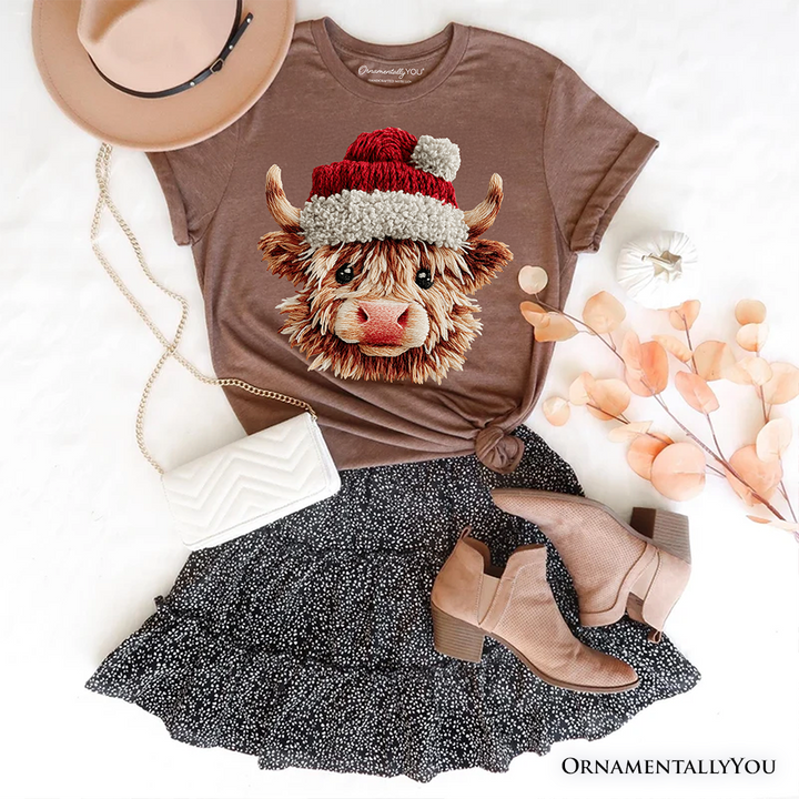 Highland Cow Santa Hat Christmas T-Shirt, Imitation Latch Hook Yarn Cozy Tee