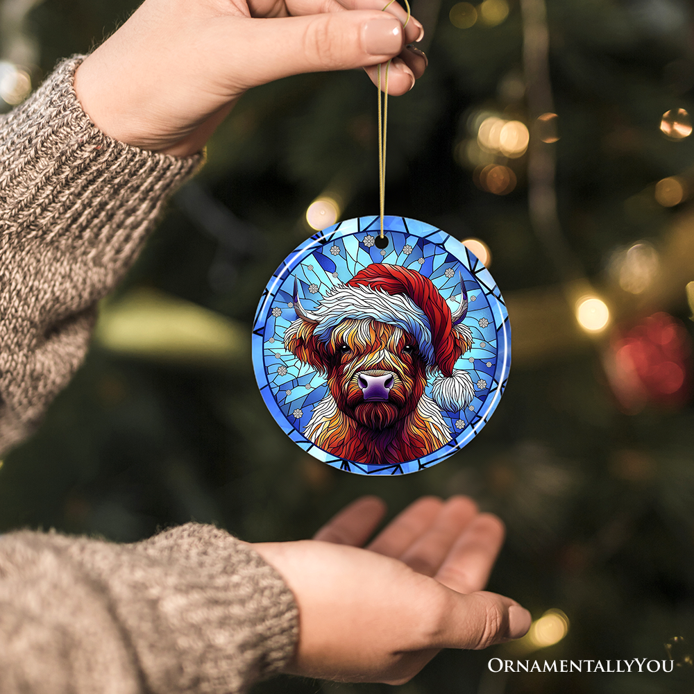 Highland Cow in Santa Hat Stained Glass Style Ceramic Ornament, Christmas Gift and Farmhouse Holiday Decor