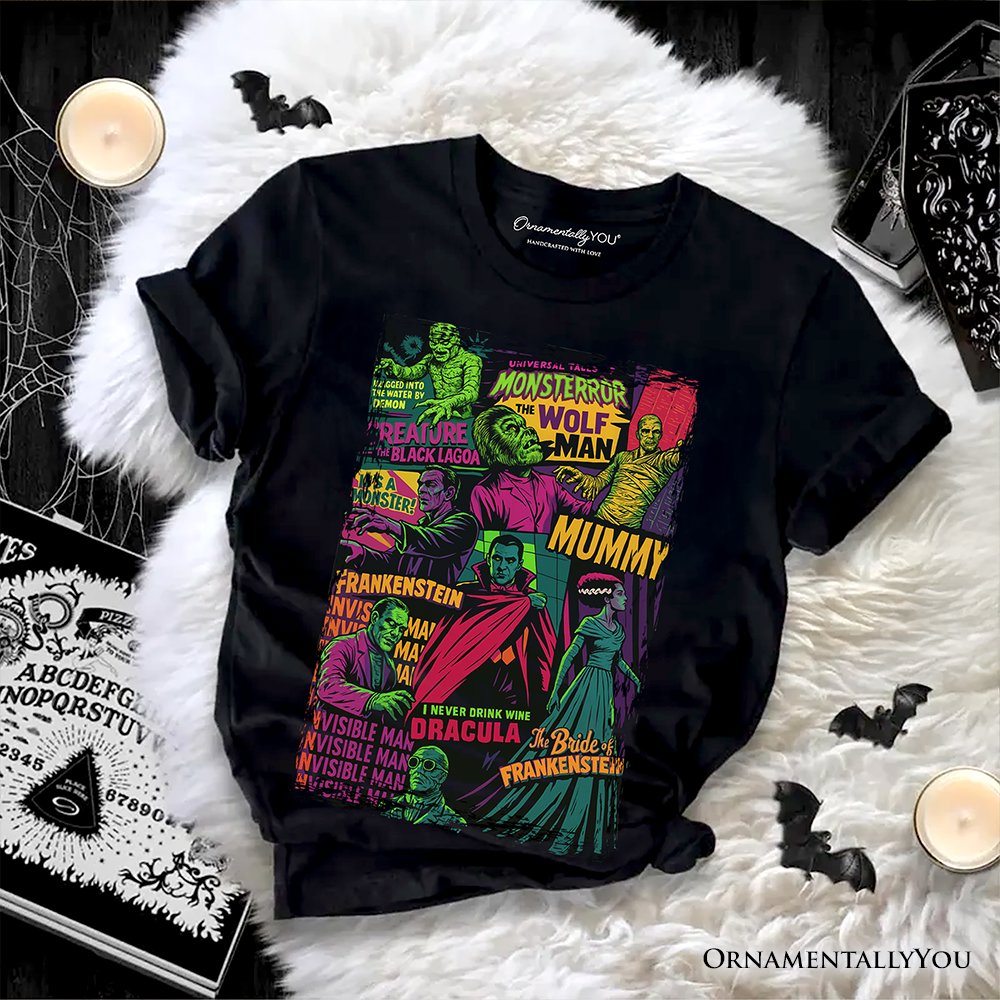 Horror Comic Classic Monsters T-Shirt, Vintage Scary Halloween Tee T-Shirts OrnamentallyYou Black XS 