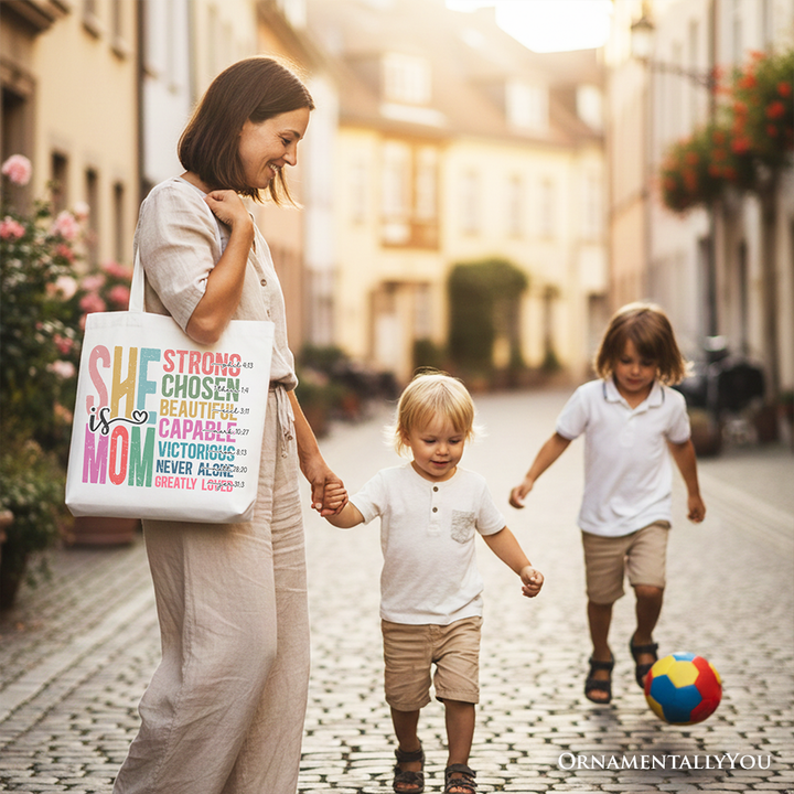 Inspirational Christian Mom Canvas Tote Bag, Affirmation Gift Shopper for Strong and Motivated Mothers