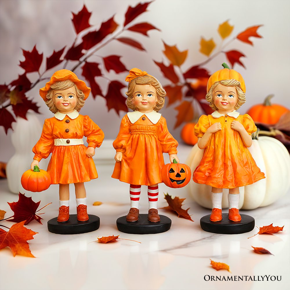 Inviting Pumpkin Girl Trio Set of Figurines, 6" Victorian Autumn Fall and Halloween Table Decoration Resin Statues OrnamentallyYou 