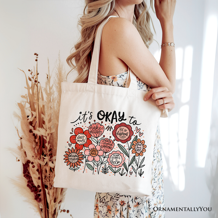 It's Okay Floral Affirmation Canvas Tote Bag, Boho Motivational Gift for Kind and Inspirational Women