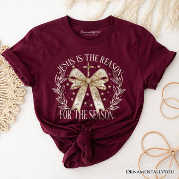 Jesus Is the Reason Christmas T‑Shirt, Coquette Gold Bow Cross Tee for Faithful Women T-Shirts OrnamentallyYou 