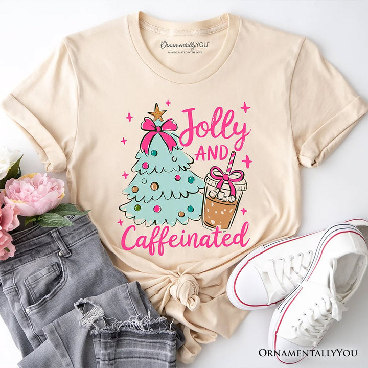 Jolly and Caffeinated Christmas Tree T-Shirt, Retro Coquette Coffee Holiday Tee T-Shirts OrnamentallyYou Natural XS 