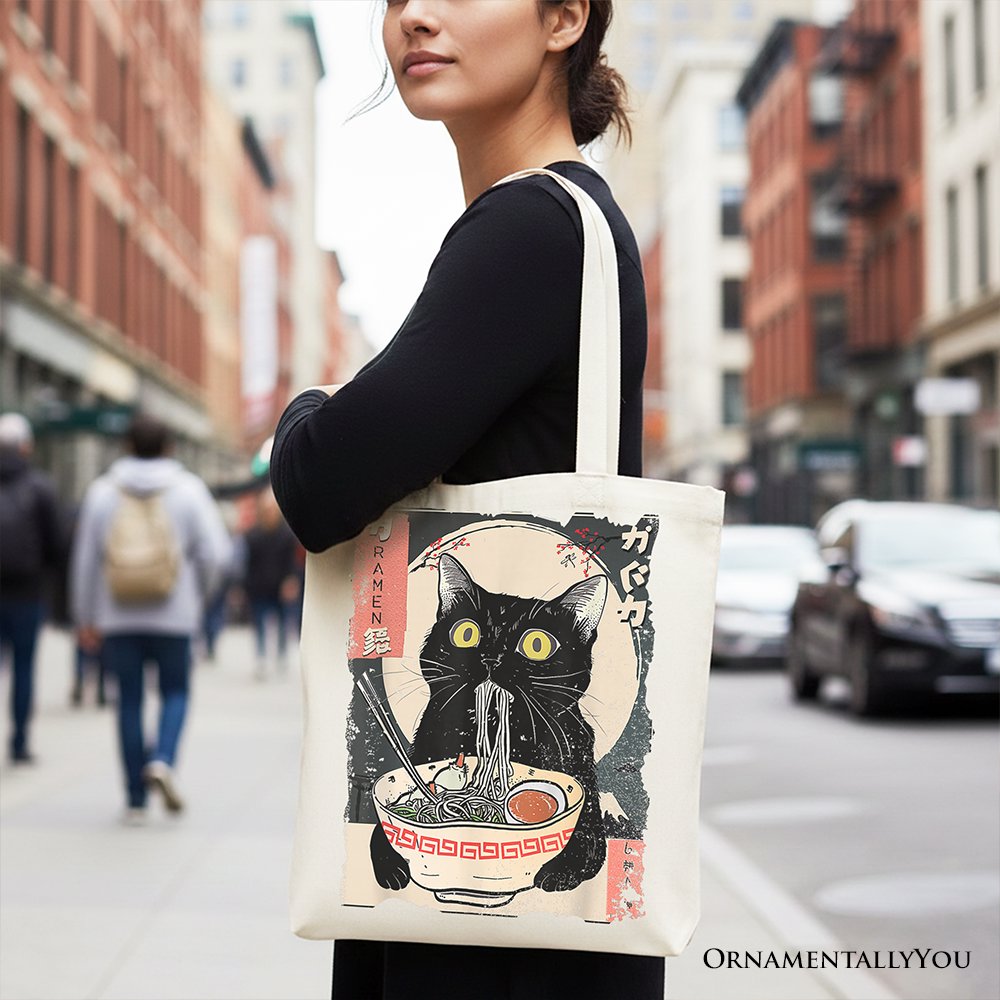 Kawaii Anime Cat Eating Ramen Canvas Tote Bag, Noodle Japanese Art Style Gift Bag Tote Bag OrnamentallyYou 