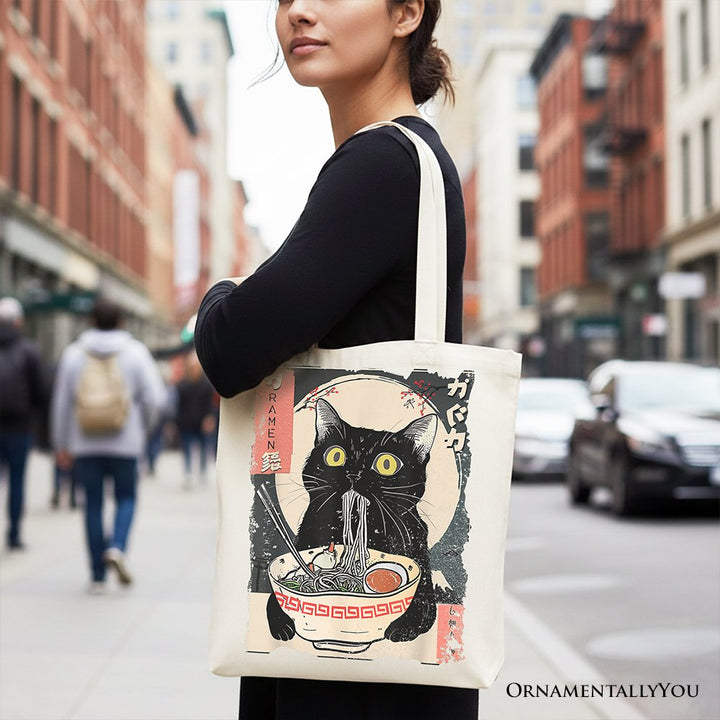 Kawaii Anime Cat Eating Ramen Canvas Tote Bag, Noodle Japanese Art Style Gift Bag Tote Bag OrnamentallyYou 