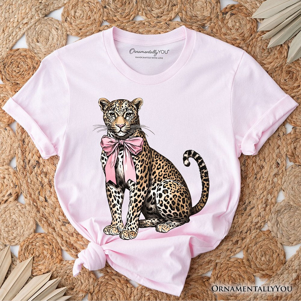 Leopard With Coquette Bow T-Shirt, Animal Trendy Preppy Tee T-Shirts OrnamentallyYou Soft Pink XS 