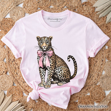 Leopard With Coquette Bow T-Shirt, Animal Trendy Preppy Tee T-Shirts OrnamentallyYou Soft Pink XS 