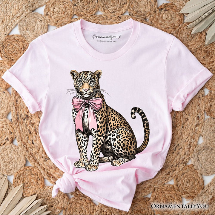 Leopard With Coquette Bow T-Shirt, Animal Trendy Preppy Tee T-Shirts OrnamentallyYou Soft Pink XS 