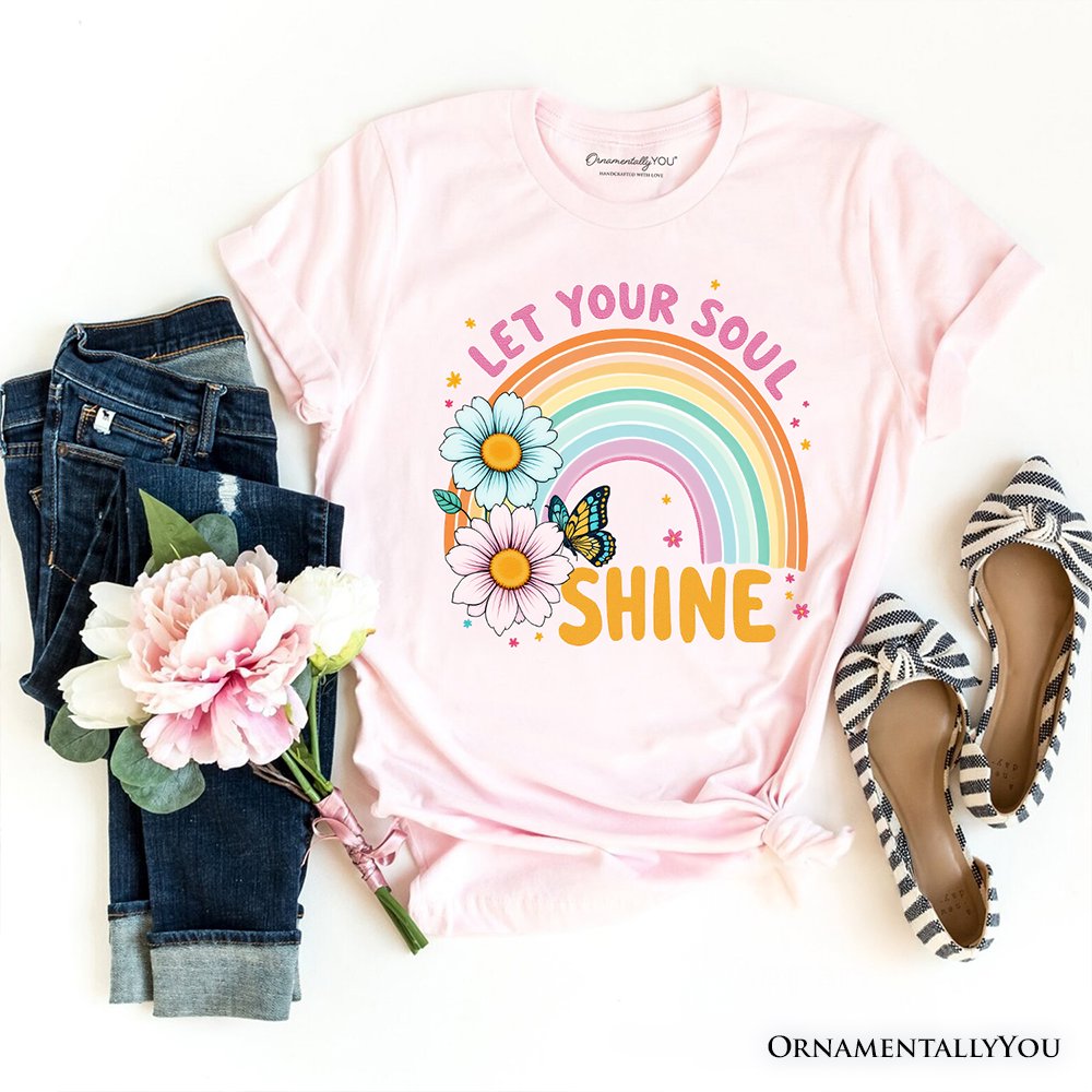 Let Your Soul Shine Rainbow T-Shirt, Retro Pastel Floral Feel Good Tee T-Shirts OrnamentallyYou Soft Pink XS 