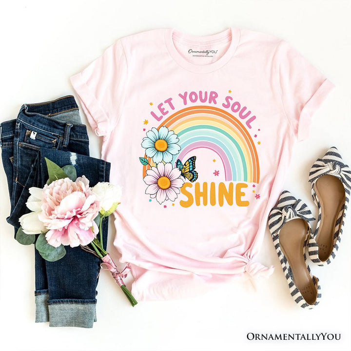Let Your Soul Shine Rainbow T-Shirt, Retro Pastel Floral Feel Good Tee T-Shirts OrnamentallyYou Soft Pink XS 