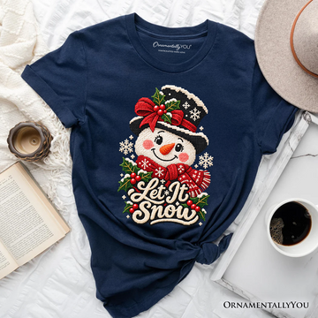 Let It Snow Faux Cross Stitch Snowman Christmas T-Shirt, Winter Holiday Tee