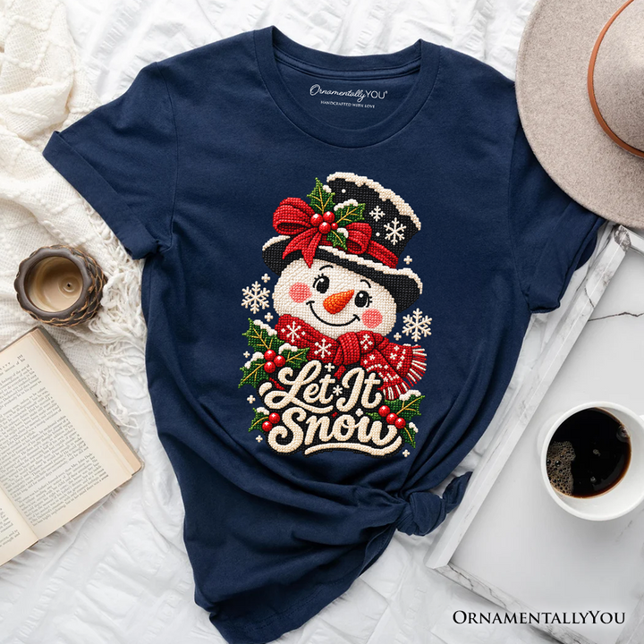 Let It Snow Faux Cross Stitch Snowman Christmas T-Shirt, Winter Holiday Tee
