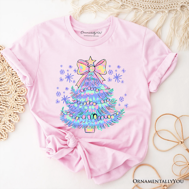 Light Blue Christmas Tree Bow T-Shirt, Coquette Colorful Holiday Tee